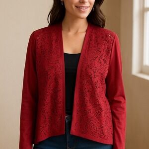 Erin London Laser Cut Faux Suede Open Front Jacket – Red | Size 8, faux suede